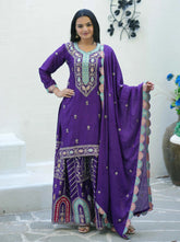 Women's Purple Chinon Sequence Straight Kurta Sharara With Dupatta-MFF-23-PURPLE