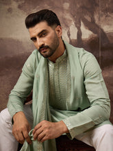 Ethnic Bay Men Green Silk Blend Solid Embroidered Straight Kurta with Dupatta-MKUD1004