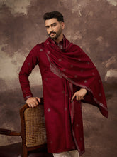 Ethnic Bay Men Maroon Silk Blend Solid Embroidered Straight Kurta with Dupatta-MKUD1005
