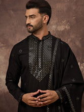 Ethnic Bay Men Black Silk Blend Solid Embroidered Straight Kurta with Dupatta-MKUD1006