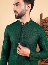Ethnic Bay Men Green Viscose Rayon Solid Embroidered Straight Kurta with Trousers-MKSET1011GRN