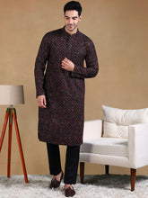 Ethnic Bay Men Black Viscose Rayon Geometric Dyed Straight Kurta with Trousers-MKSET1013BLK