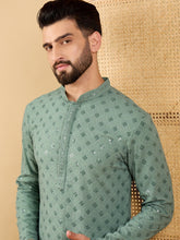 Ethnic Bay Men Green Viscose Rayon Solid Embroidered Straight Kurta with Trousers-MKSET1050