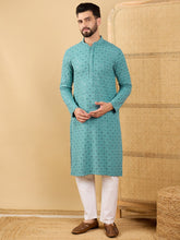 Ethnic Bay Men Blue Viscose Rayon Solid Embroidered Straight Kurta with Trouser-MKSET1056