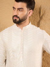 Ethnic Bay Men Off White Viscose Rayon Solid Embroidered Straight Kurta with Trousers-MKSET1102