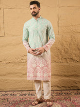 Ethnic Bay Men Teal Viscose Rayon Ethnic Motifs Embroidered Straight Kurta with Trouser-MKSET1139