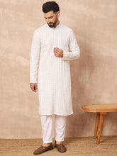Ethnic Bay Men White Viscose Rayon Solid Embroidered Straight Kurta with Trouser-MKSET1140
