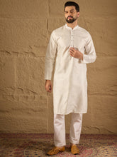 Ethnic Bay Men White Silk Blend Solid Embroidered Straight Kurta with Trouser-MKSET1286