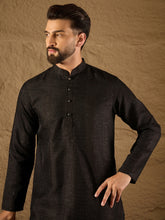 Ethnic Bay Men Black Silk Blend Solid Embroidered Straight Kurta with Trouser-MKSET1292