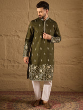 Ethnic Bay Men Olive Chanderi Silk Solid Embroidered Straight Kurta with Trouser-MKSET1319