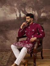 Ethnic Bay Men Maroon Silk Blend Solid Embroidered Straight Kurta and Trouser-MKSET1329