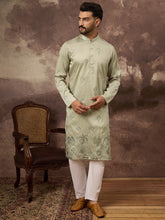 Ethnic Bay Men Green Silk Blend Solid Embroidered Straight Kurta and Trouser-MKSET1330