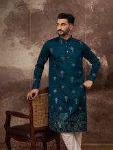 Ethnic Bay Men Blue Silk Blend Solid Embroidered Straight Kurta and Trouser-MKSET1331