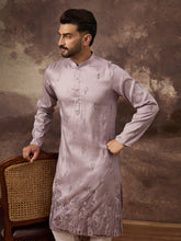 Ethnic Bay Men Lavender Silk Blend Solid Embroidered Straight Kurta and Trouser-MKSET1333