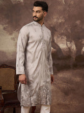 Ethnic Bay Men Grey Silk Blend Solid Embroidered Straight Kurta and Trouser-MKSET1335
