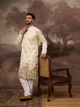 Ethnic Bay Men White Silk Blend Solid Embroidered Straight Kurta and Trouser-MKSET1337