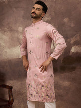 Ethnic Bay Men Peach Silk Blend Solid Embroidered Straight Kurta and Trouser-MKSET1339