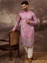 Ethnic Bay Men Pink Silk Blend Solid Embroidered Straight Kurta with Trouser-MKSET1347