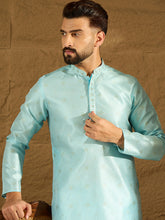 Ethnic Bay Men Blue Silk Blend Solid Woven Design Straight Kurta with Trouser-MKSET1350