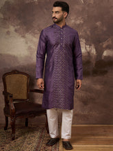 Ethnic Bay Men Purple Silk Blend Embroidered Sequins Straight Kurta with Trouser-MKSET1366