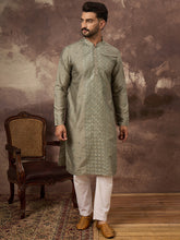 Ethnic Bay Men Green Silk Blend Solid Embroidered Straight Kurta with Trouser-MKSET1367