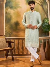 Ethnic Bay Men Green Silk Blend Solid Embroidered Straight Kurta with Trouser-MKSET1450