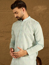 Ethnic Bay Men Blue Silk Blend Solid Embroidered Straight Kurta with Trouser-MKSET1468
