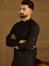 Ethnic Bay Men Black Viscose Rayon Solid Embroidered Straight Kurta with Trouser-MKSET1554