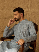 Ethnic Bay Men Blue Viscose Rayon Bandhani Embroidered Straight Kurta with Trouser-MKSET1586