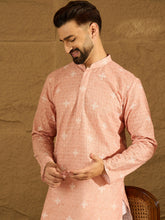 Ethnic Bay Men Peach Viscose Rayon Bandhani Embroidered Straight Kurta with Trouser-MKSET1587