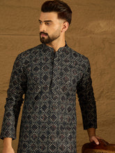 Ethnic Bay Men Black Cotton Solid Embroidered Straight Kurta with Trouser-MKSET1611