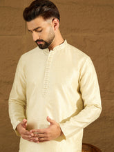 Ethnic Bay Men Yellow Silk Blend Solid Printed Straight Kurta with Trouser-MKSET1651