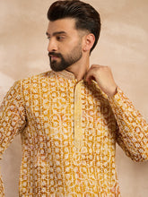 Ethnic Bay Men Yellow Viscose Rayon Batik Embroidered Straight Kurta Sets-MKSET1656