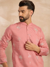 Ethnic Bay Men Pink Cotton Solid Embroidered Straight Kurta Sets-MKSET1677