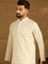 Ethnic Bay Men Off White Cotton Solid Printed Straight Kurta with Trouser-MKSET1702