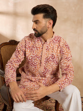 Ethnic Bay Men Orange Viscose Rayon Batik Embroidered Straight Kurta Sets-MKSET1719