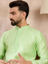 Ethnic Bay Men Green Silk Blend Solid Embroidered Straight Kurta With Trouser-MKSET1727