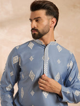 Ethnic Bay Men Blue Silk Blend Solid Embroidered Straight Kurta Sets-MKSET1778