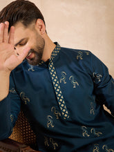 Ethnic Bay Men Navy Blue Silk Blend Solid Embroidered Straight Kurta Sets-MKSET1816
