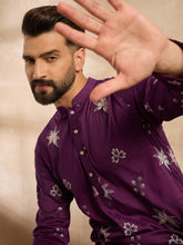 Ethnic Bay Men Purple Polyester Solid Embroidered Straight Kurta Sets-MKSET1834