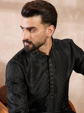 Ethnic Bay Men Black Silk Blend Solid Woven Design Straight Kurta With Trouser-MKSET1854