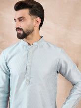Ethnic Bay Men Blue Silk Blend Solid Woven Design Straight Kurta With Trouser-MKSET1899