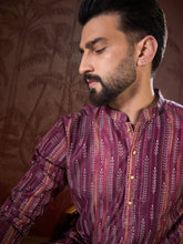 Ethnic Bay Men Purple Silk Blend Striped Printed Straight Kurta With Trouser-MKSET1905