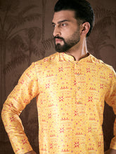 Ethnic Bay Men Yellow Silk Blend Ethnic Motifs Printed Straight Kurta With Trouser-MKSET1936