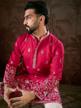 Ethnic Bay Men Pink Silk Blend Solid Embroidered Straight Kurta With Trouser-MKSET1943
