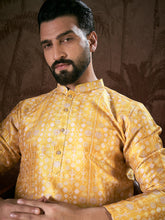 Ethnic Bay Men Yellow Silk Blend Floral Printed Straight Kurta With Trouser-MKSET1948