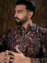 Ethnic Bay Men Purple Silk Blend Floral Printed Straight Kurta With Trouser-MKSET1957