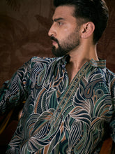 Ethnic Bay Men Navy Blue Silk Blend Abstract Printed Straight Kurta With Trouser-MKSET1958