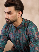 Ethnic Bay Men Blue Silk Blend Floral Printed Straight Kurta With Trouser-MKSET1974