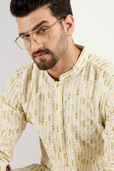 Men Cream Viscose Rayon Striped Embroidered Chikankari Straight Kurta MKU1072